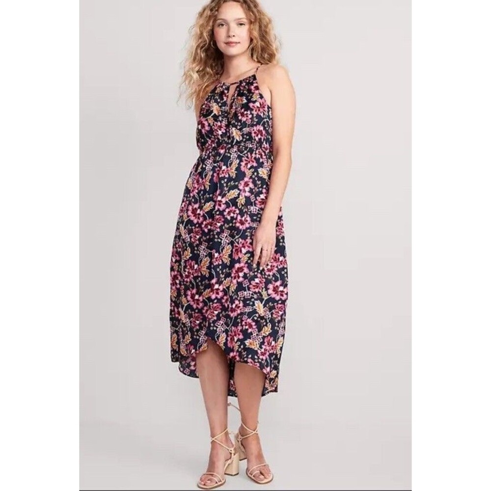 Old Navy 2XL Floral Midi Dress Satin Waist Defined Halter Sleeveless
